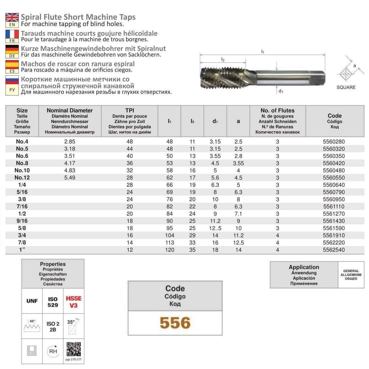 Somta Series 556 - HSSE-V Spiral Flute Tap UNF 1/4" (Standard) - Twin Eagle Imports