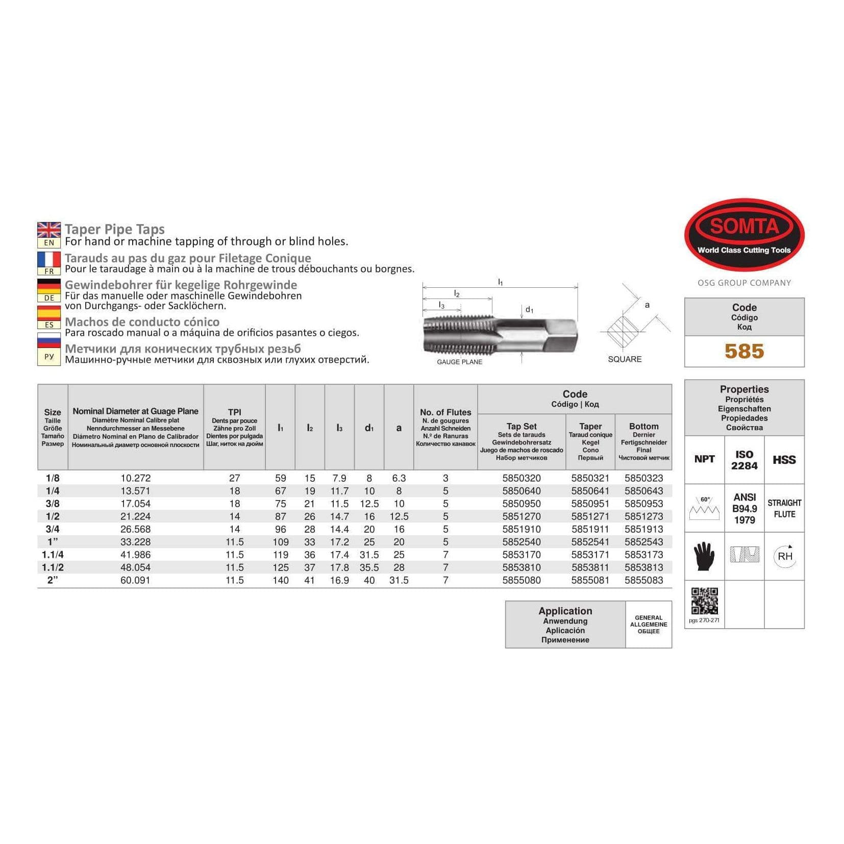 SOMTA - Series 585 HSS NPT Tap 1/4" (Straight Flute Taper Pipe Bottom Finishing) - Twin Eagle Imports
