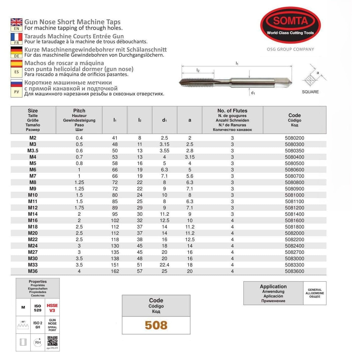 SOMTA Taps & Dies Somta Series 508 - HSSE-V Gun Nose Tap Metric M36 x 4 (Standard)