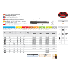 SOMTA Taps & Dies Somta Series 519 - HSS Straight Flute Short Left Hand Taper (First Tap) M4 x 0.7mm