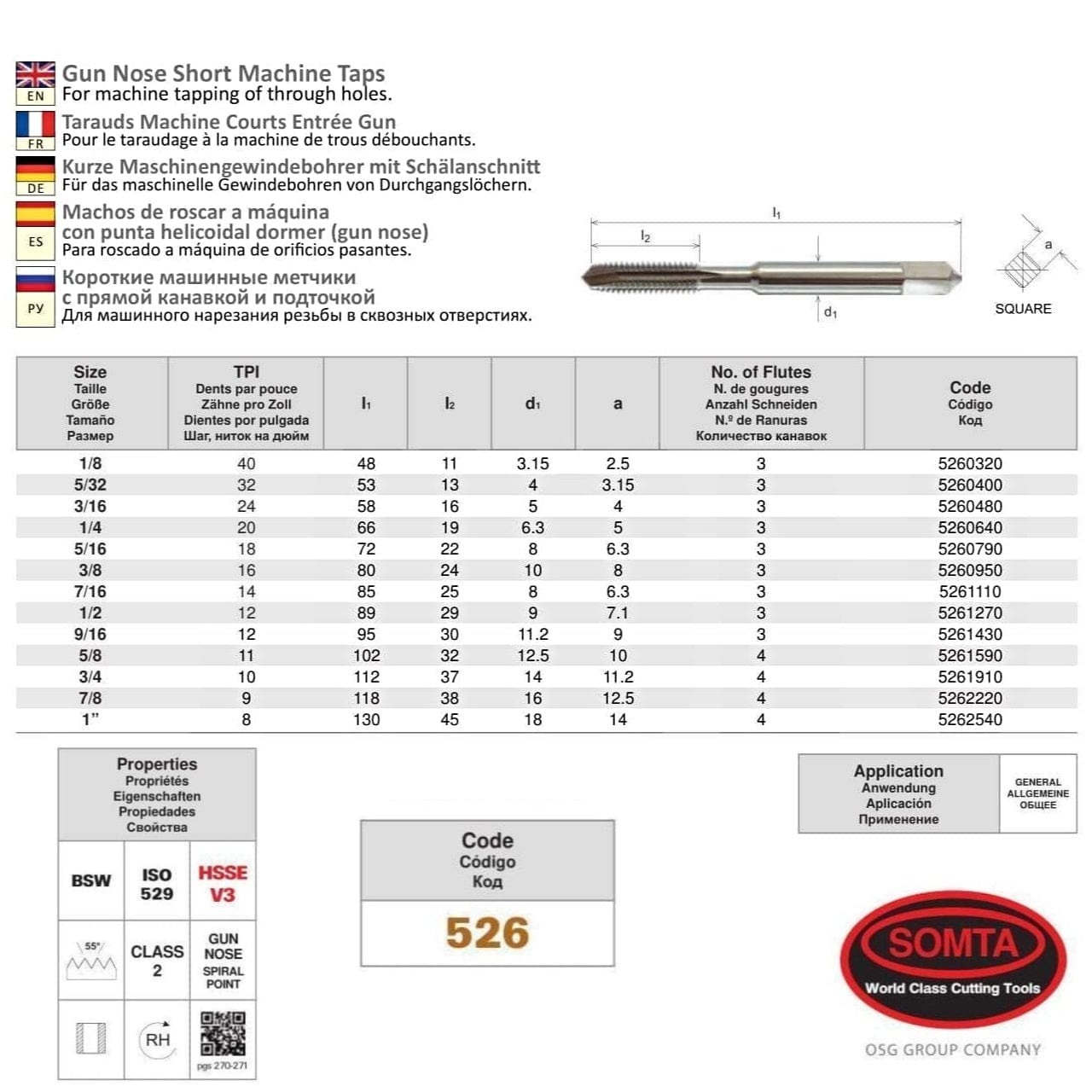 SOMTA Taps & Dies Somta Series 526 - HSSE-V Gun Nose Tap BSW 1/4" (Standard)