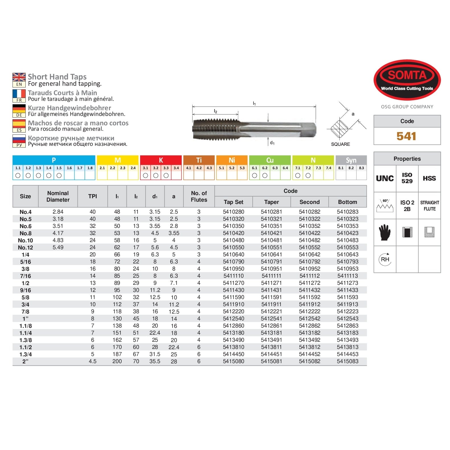 SOMTA Taps & Dies Somta Series 541 - HSS Straight Flute Short Hand Bottom (Finishing) Tap UNC 1 3/8" x 6 TPI