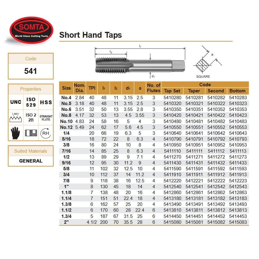 SOMTA Taps & Dies Somta Series 541 - HSS Straight Flute Short Hand Taper (First Tap) UNC 1-1/8" x 7 TPI