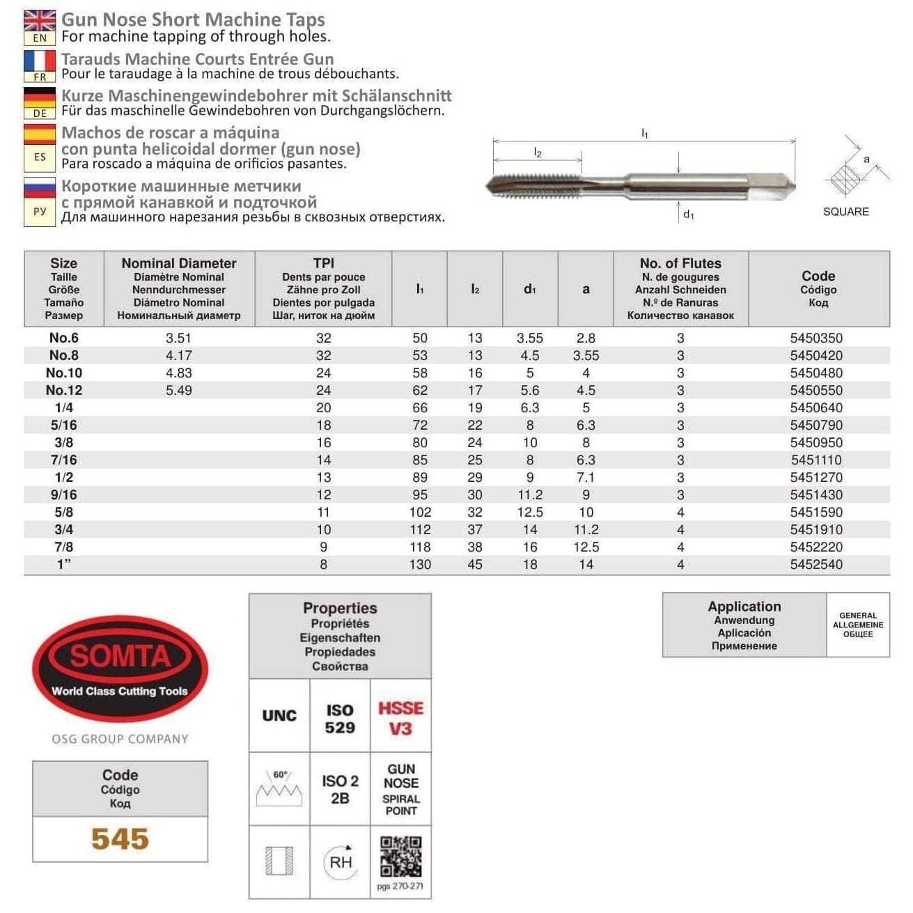 SOMTA Taps & Dies Somta Series 545 - HSSE Gun Nose Spiral Point Short Machine Taps UNC 7/16" x 14 TPI