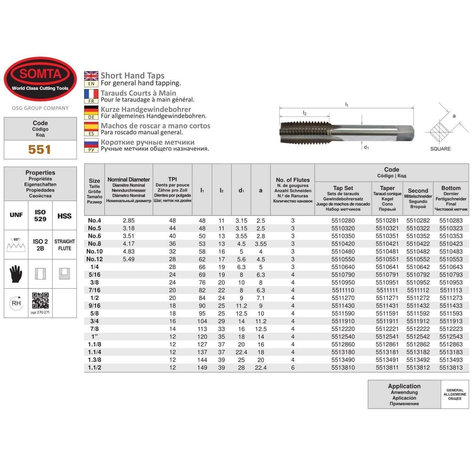 SOMTA Taps & Dies Somta Series 551 - HSS Short Hand Tap 7/8" UNF Taper