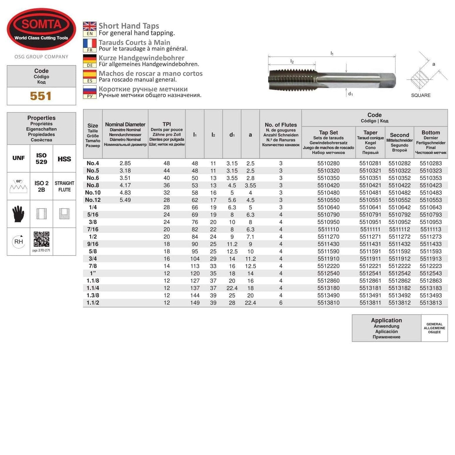 SOMTA Taps & Dies Somta Series 551 - HSS Short Hand Tap No.8 UNF Second (Intermediate)