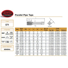 SOMTA Taps & Dies Somta Series 571 - HSS Straight Flute Parallel Pipe Taper (First Tap) BSP-G 1-1/2" x 11 TPI