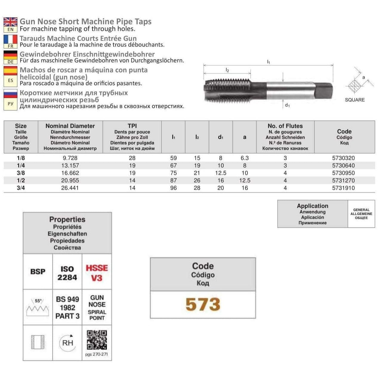 SOMTA Taps & Dies Somta Series 573 - HSS Gun Nose Tap BSP-G 1/4" (Standard)