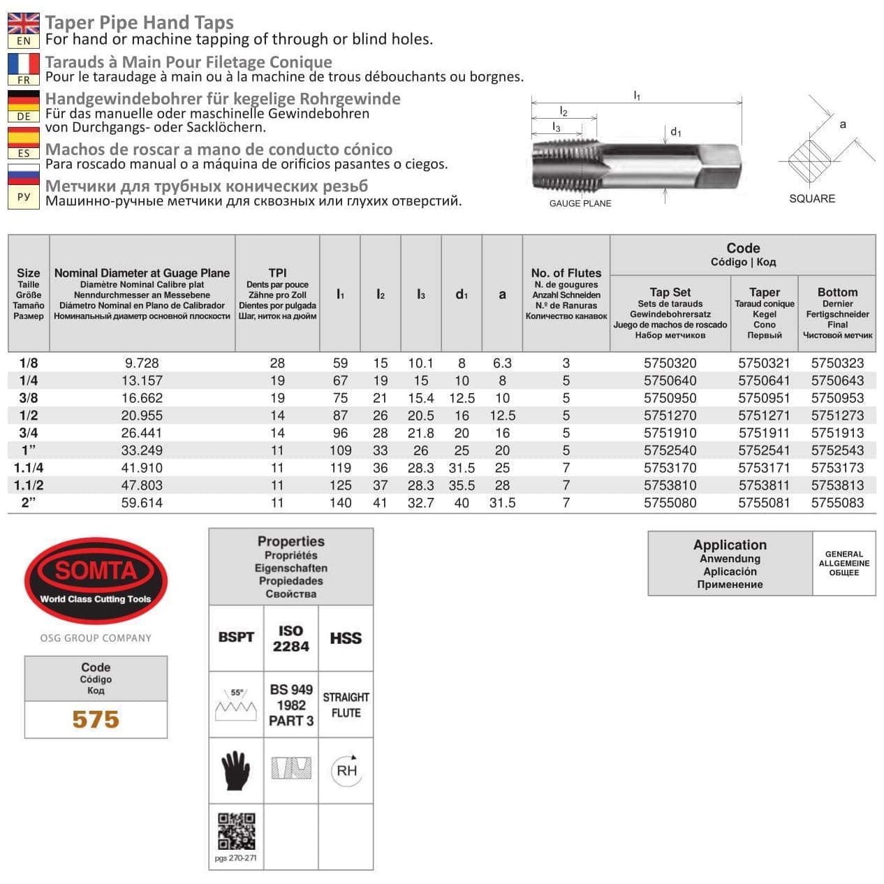 SOMTA Taps & Dies Somta Series 575 - HSS Straight Flute Taper Pipe Hand Bottom (Finishing) Tap BSPT 2" x 11 TPI