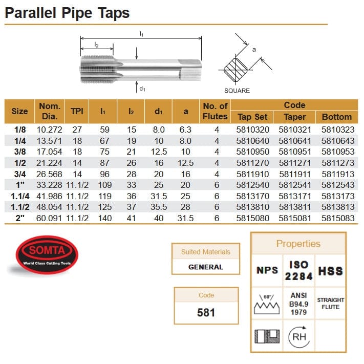 SOMTA Taps & Dies Somta Series 581 - HSS Straight Flute Parallel Pipe Taper (First Tap) NPS 3/4" x 14 TPI