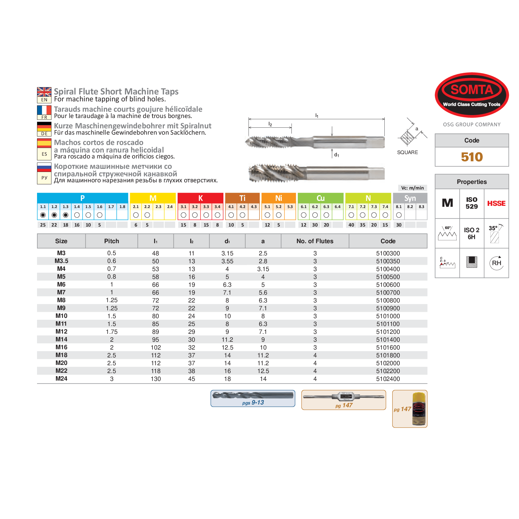 SOMTA TAPS Somta Series 510 – M6.0 x 1 Spiral Flute Metric Tap