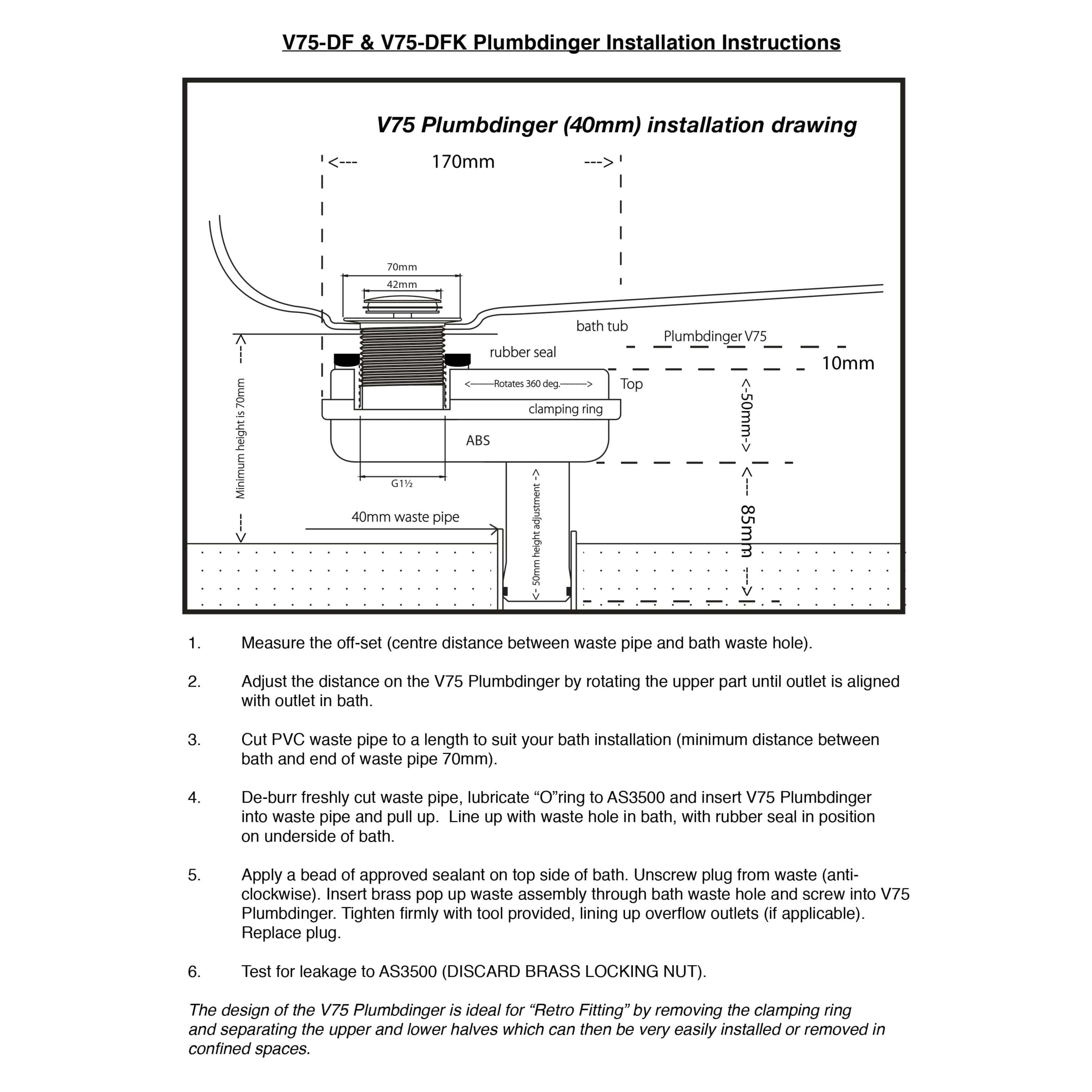 Tacron Industries Drain Waste V75-DFK Plumbdinger - Space Saving Bath Waste Solutions for Slab-On-Ground Installations