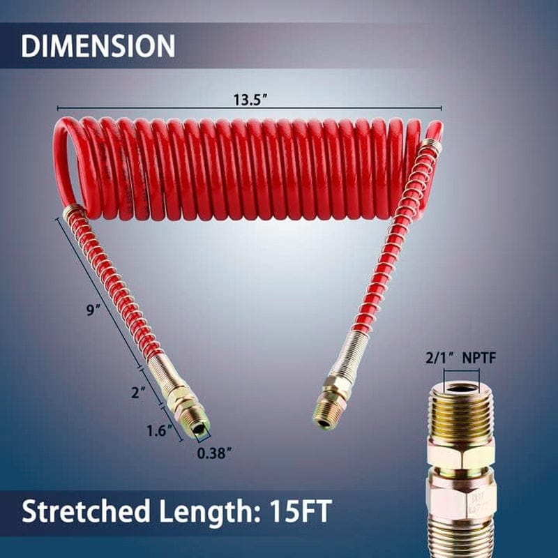 TEI Air Hose 15FT Air Brake Coiled Hose Set – Blue Service & Red Emergency Lines with 12" Leads