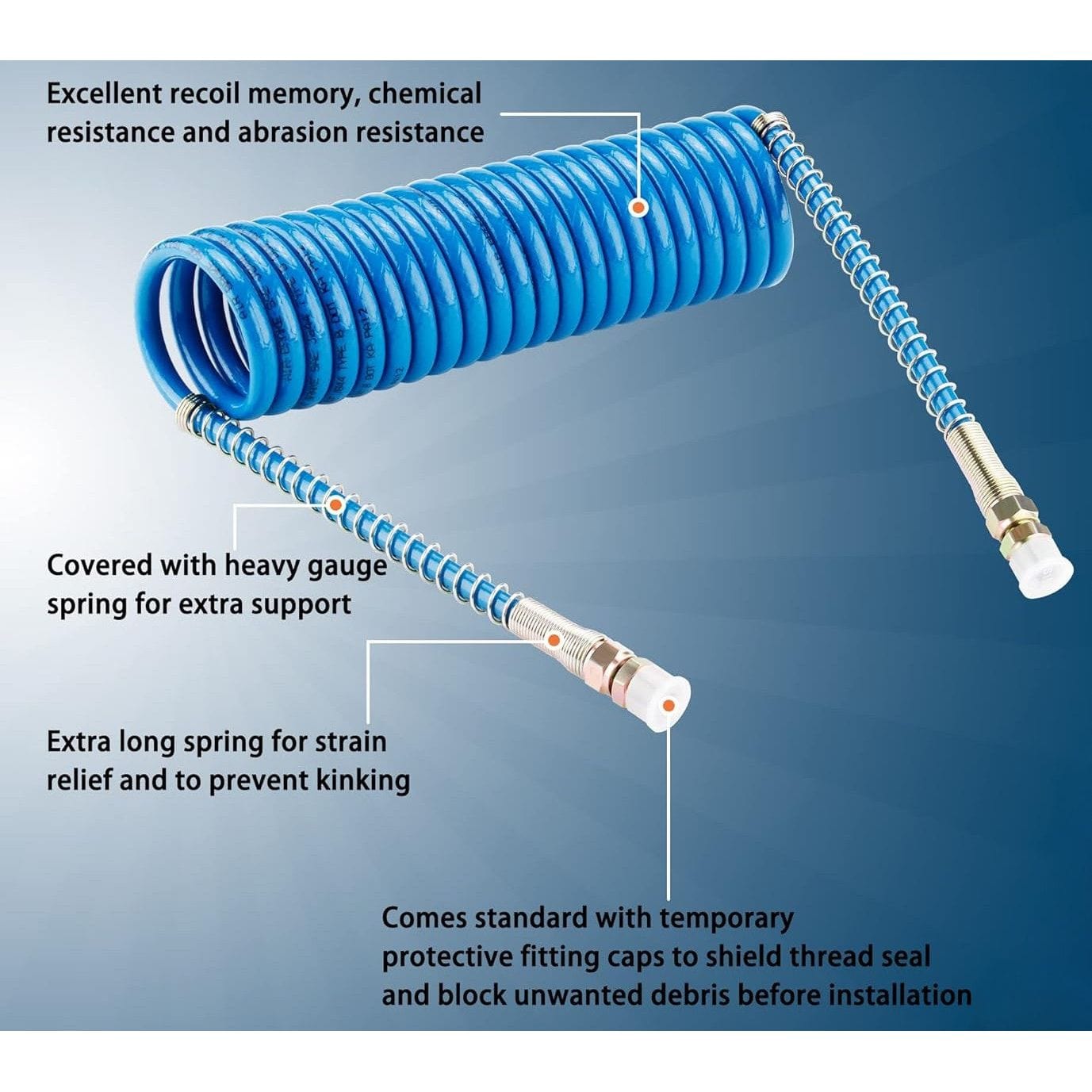 TEI Air Hose 15FT Air Brake Coiled Hose Set – Blue Service & Red Emergency Lines with 12" Leads
