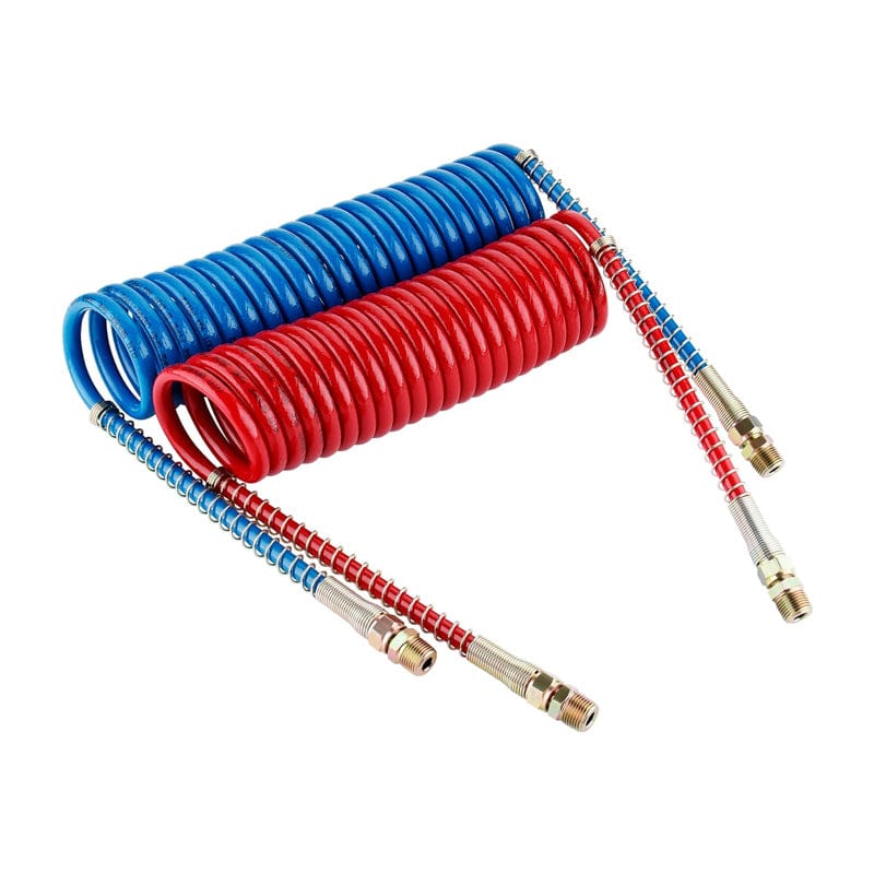 TEI Air Hose 15FT Air Brake Coiled Hose Set – Blue Service & Red Emergency Lines with 12" Leads