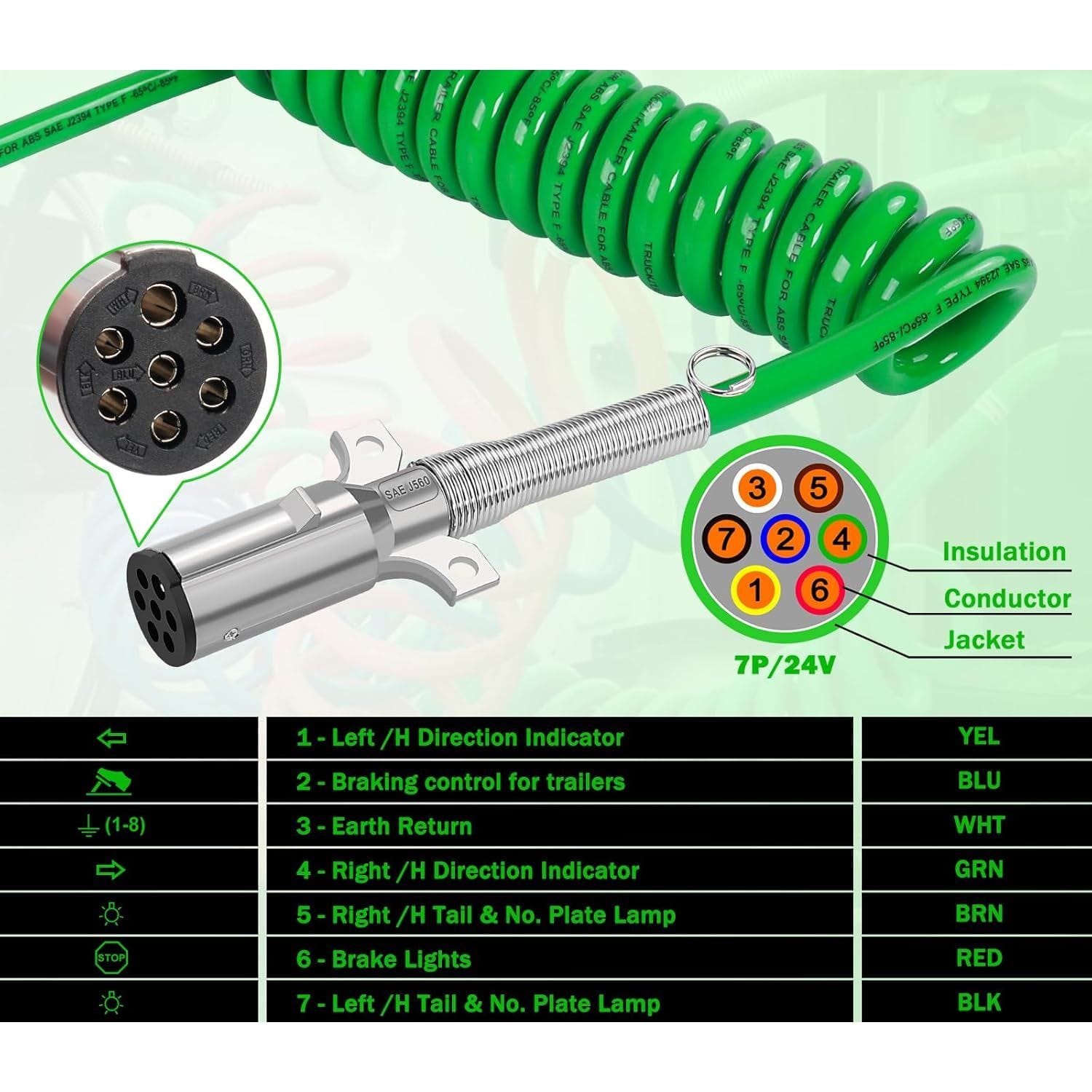 TEI Truck Electrical 7 Way Trailer 15 FT Green ABS Long Tail Spiral Electrical Power cord