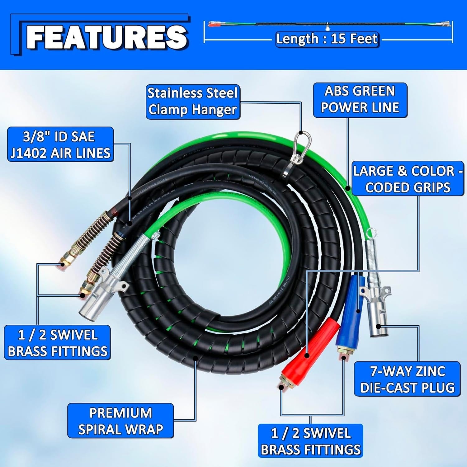 TEI Truck Electrical Heavy Duty 3-in-1 ABS Trailer Air Line Kit – 15 Ft Rubber Air Hoses with Power Line
