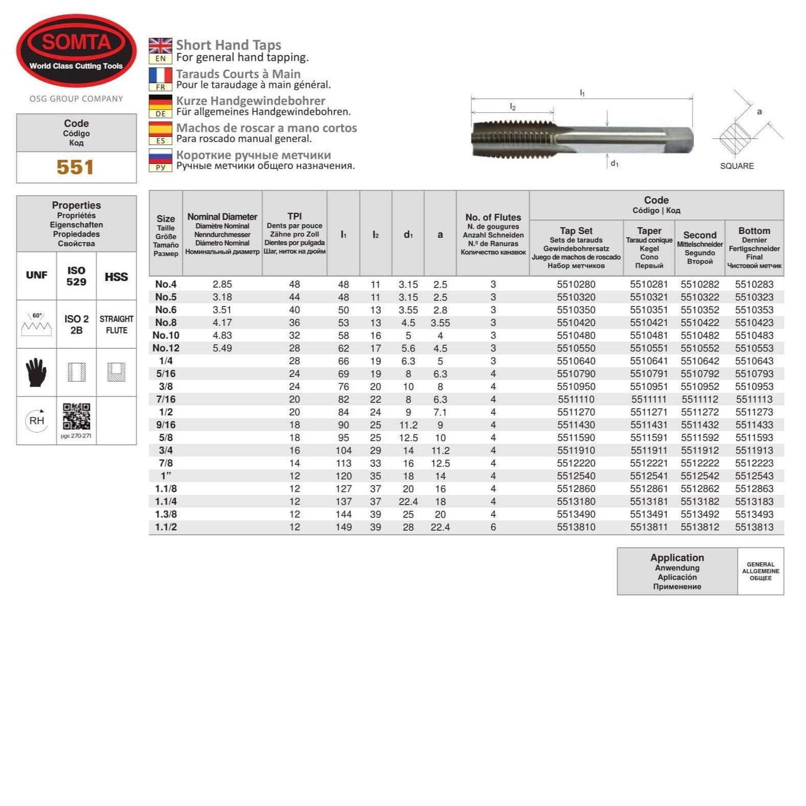 SOMTA – Series 551 HSS UNF Thread Tap 3/4″ Intermediate – Short Hand Tap