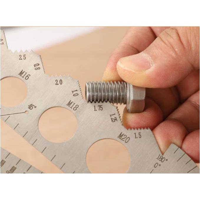 Thread pitch gauge,bore gauge,wire gauge,bolt size gauge,protractor,drill guide