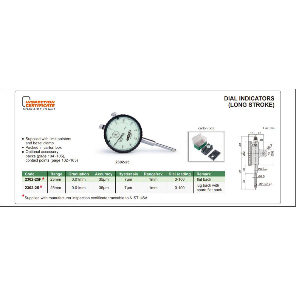 Insize Metric Lug Back Dial Indicator 25mm Range Series 2302-25