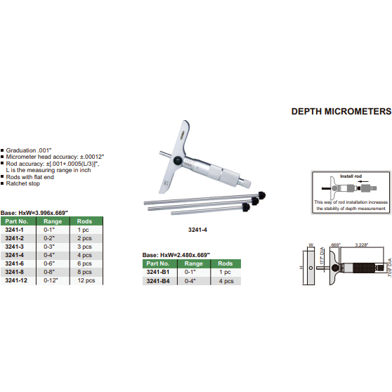 Insize Imperial Depth Micrometer 0-8" Range Series 3241 - 8
