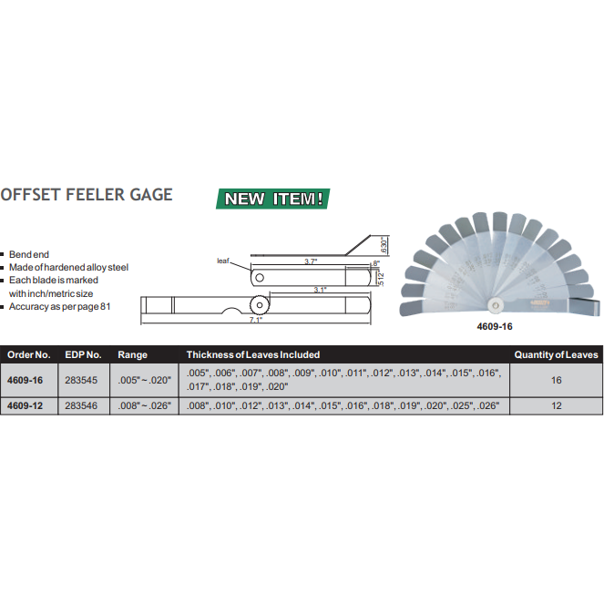 Insize Offset Feeler Gauge 0.005-0.02" Range Series 4609-16