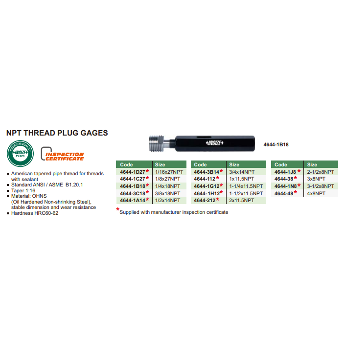 Insize Thread Plug Gauge 3/8"-18 NPT Series - 4644-3C18