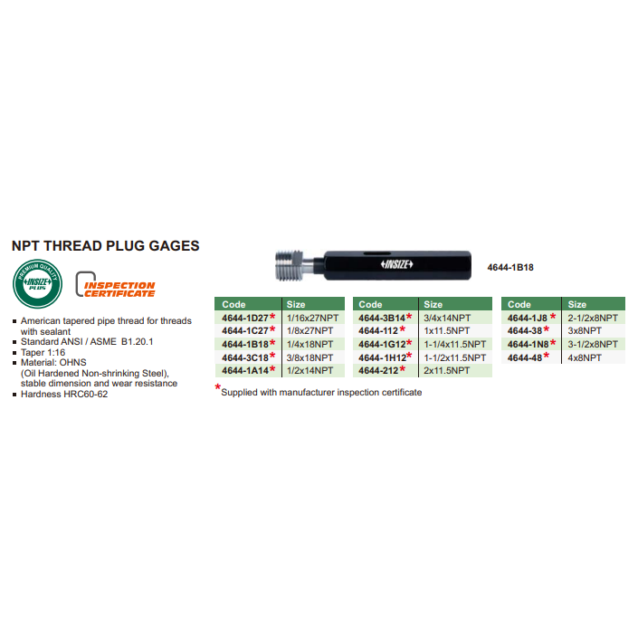 Insize Thread Plug Gauge 1/2"-14 NPT Series - 4644-1A14