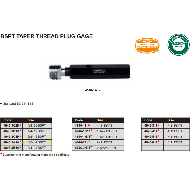 Insize Thread Plug Gauge 1/2"-14 BPST Series - 4646-1A14
