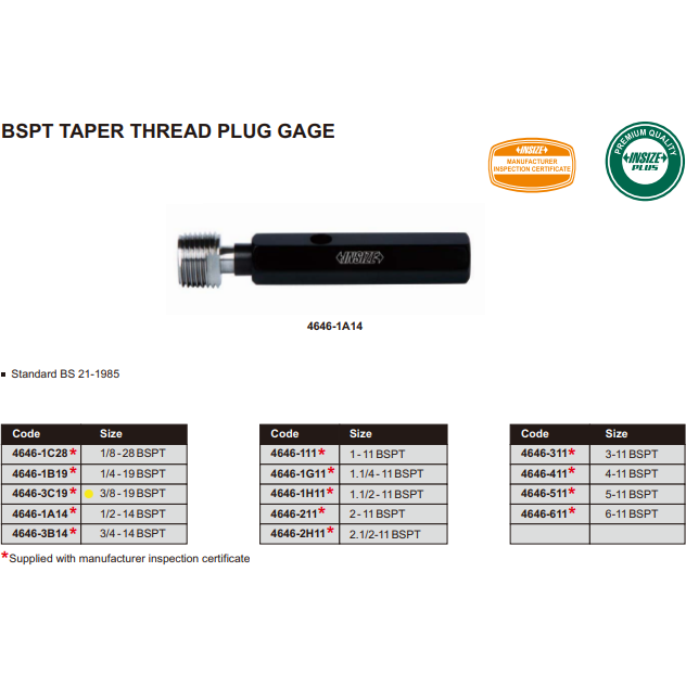 Insize Thread Plug Gauge 3/8"-19 (BS21-1985) BPST Series - 4646-3C19