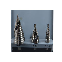 HSS M2 Spiral Flute 3pcs/set Step Drills Flare Drill Set 4-30mm faster cooling high speed workshop