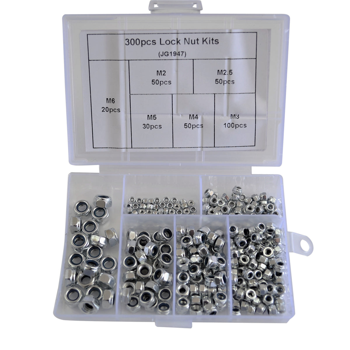 hex nut nylock nylon carbon steel nut kit M2 M2.5 M3 M4 M5 M6 metric 300 piece assortment fastners hardware industrial supplies