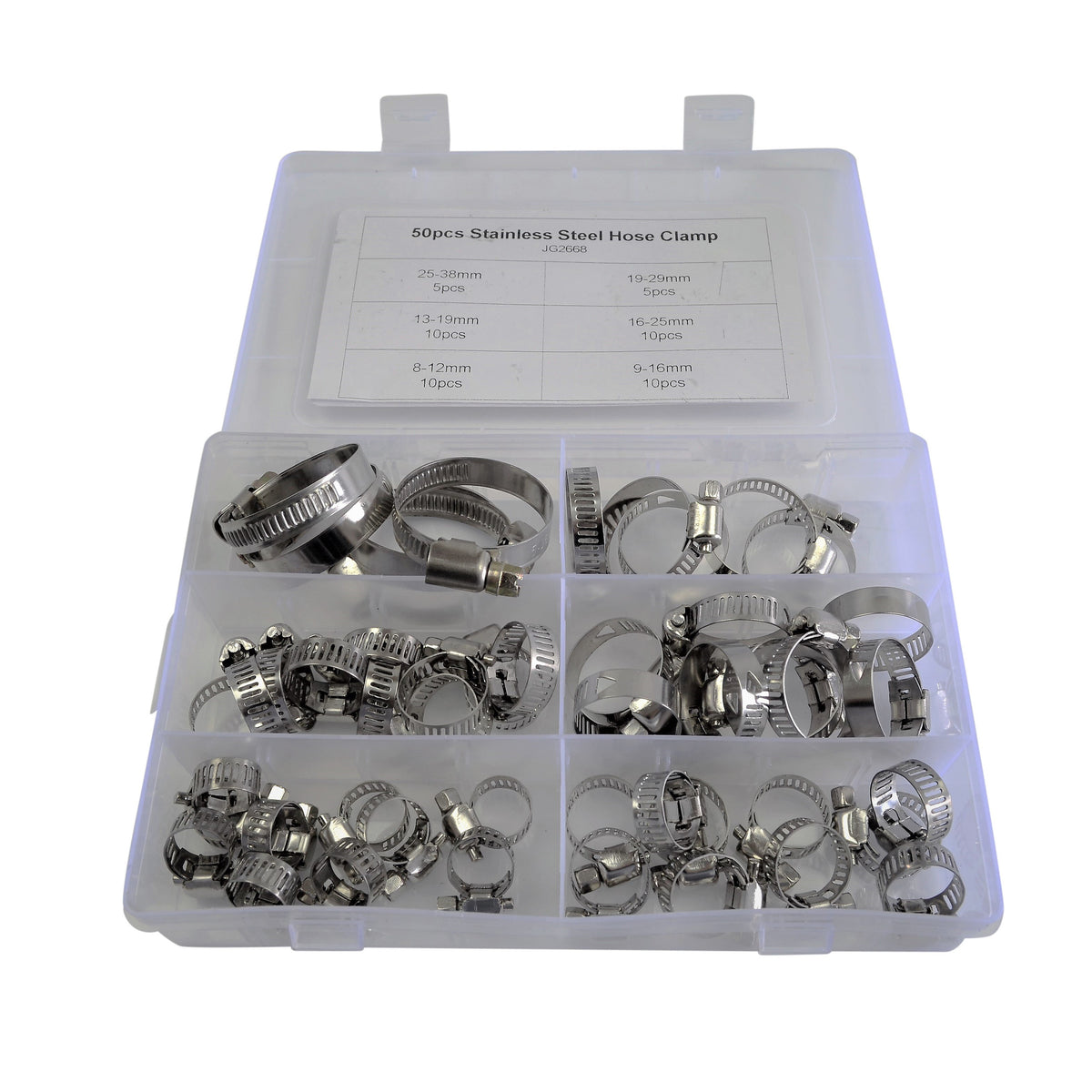 stainless steal adjustable range worm gear hose clamp kit 6 sizes set includes 50pcs 8-38mm cooling parts accessories hex head screw easy use