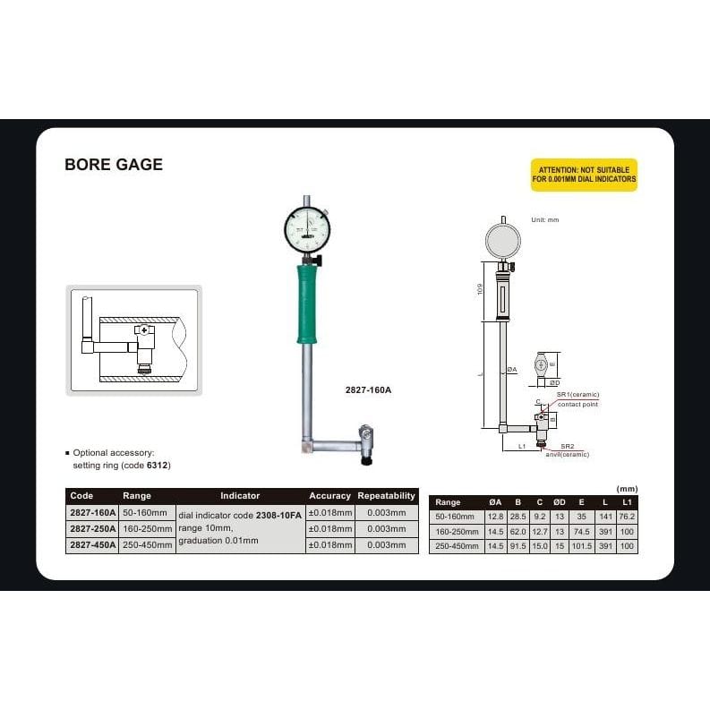 Insize Angle Mechanical Bore Gauge 160-250 mm Range Series 2827-250A - Twin Eagle Imports