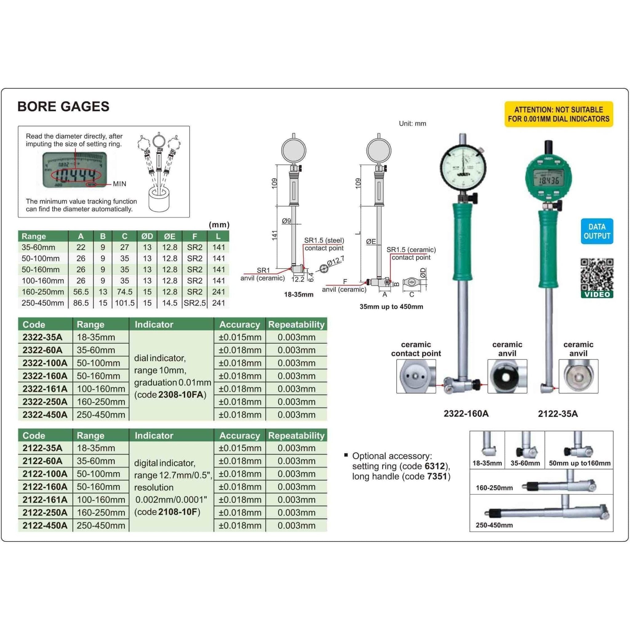 Insize Digital Bore Gauge 35-60 mm Range Series 2122-60A - Twin Eagle Imports
