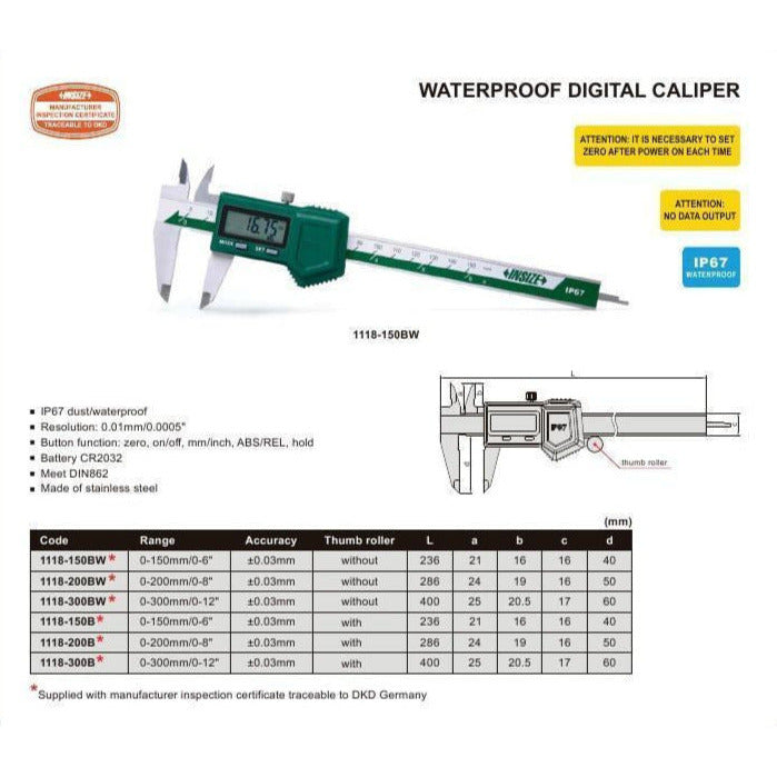INSIZE IP57 Waterproof Digital Caliper  0-150mm / 0-6" Range Series 1118-150B