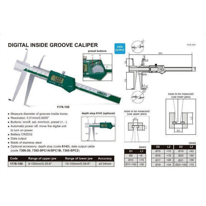 INSIZE Digital Inside Groove Caliper  9 - 150mm / 0.35-6""Range Series 1176-150