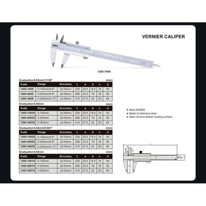 INSIZE Monoblock Vernier Caliper -  1205-150S 0-150mm / 0-6"