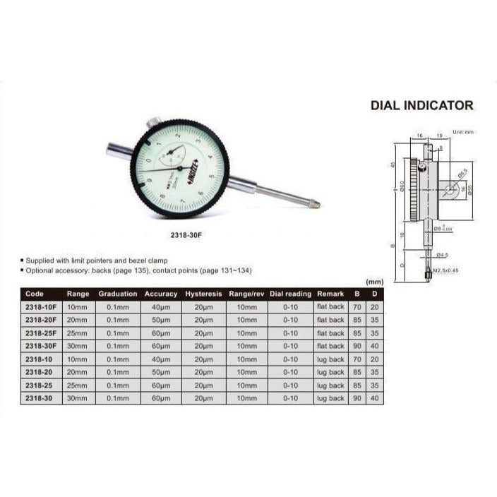 Insize Metric Lug Back Dial Indicator 30mm Range Series 2318-30