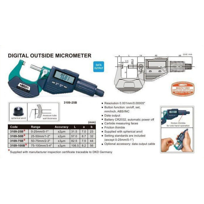 Insize Digital Outside Micrometer 75-100MM / 3-4" Range Series 3109-100A