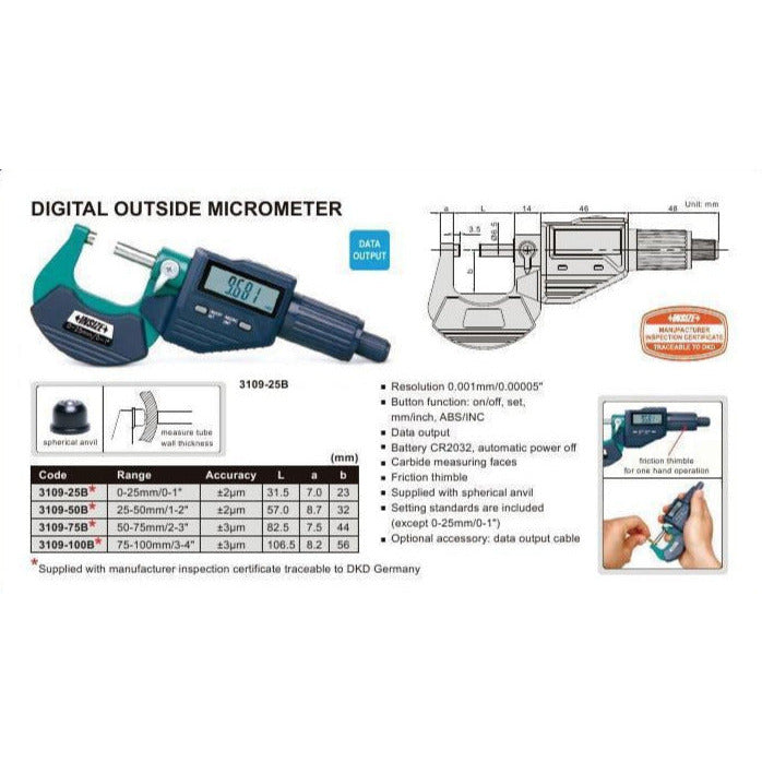 Insize Digital Outside Micrometer 0-25 MM / 0-1" Range Series 3109-25A