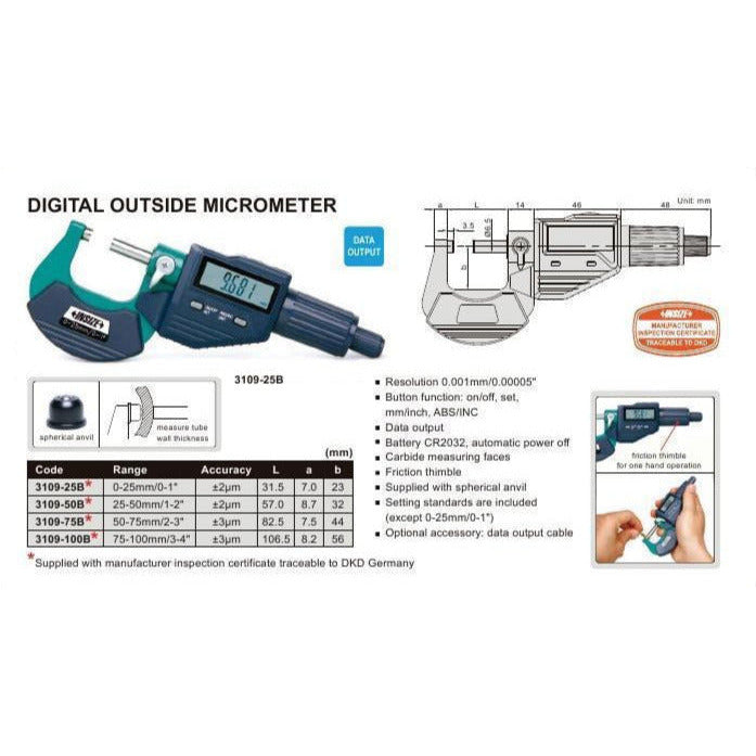 Insize Digital Outside Micrometer 50-75MM / 2-3" Range Series 3109-75A