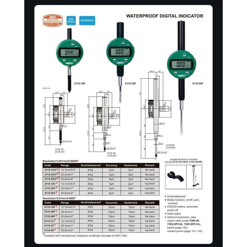 Insize IP65 Coolant Proof Digital Indicator 12.7mm / 0.5" Range Series 2115-10 - Twin Eagle Imports
