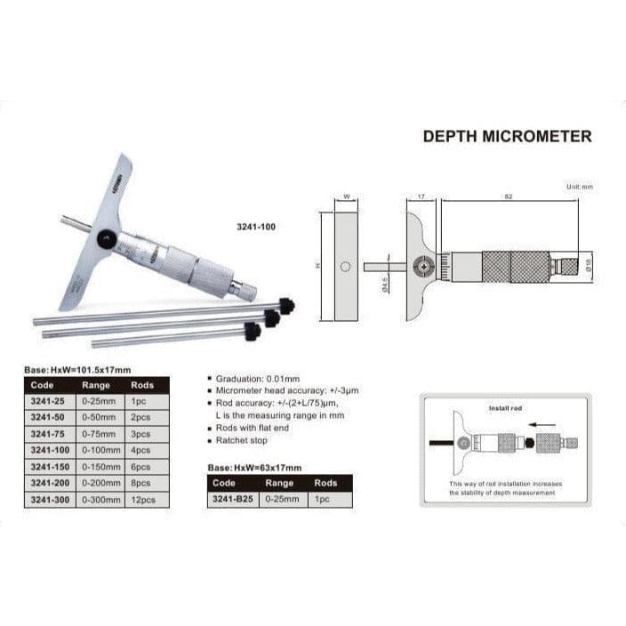 INSIZE Measuring Equipment Insize 4pc Metric Depth Micrometer 0-100mm Range Series 3241-100