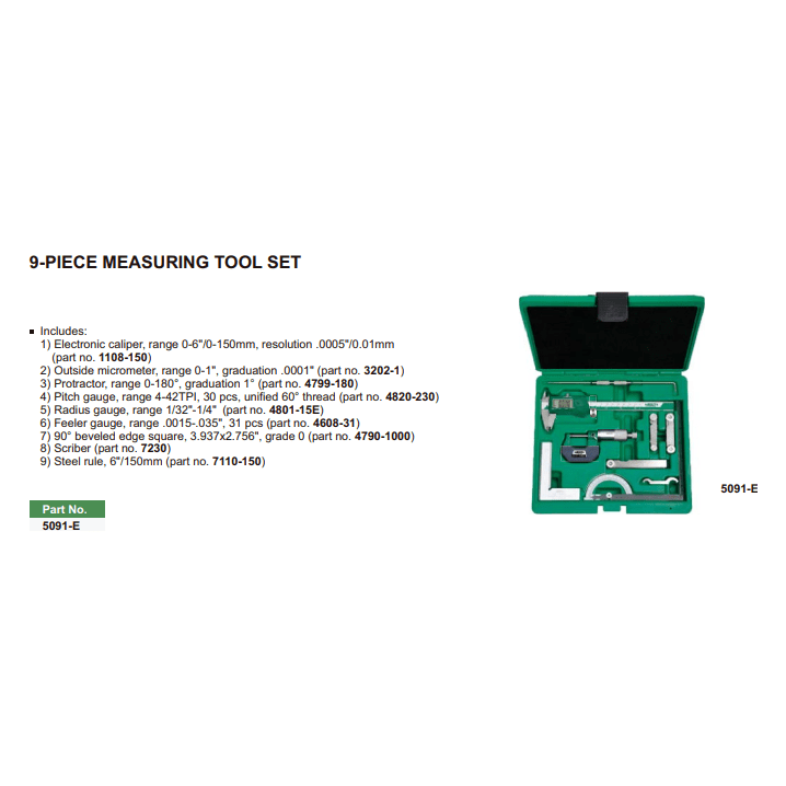 INSIZE Measuring Equipment Insize 9pc Measuring Tool Set Series 5091-E