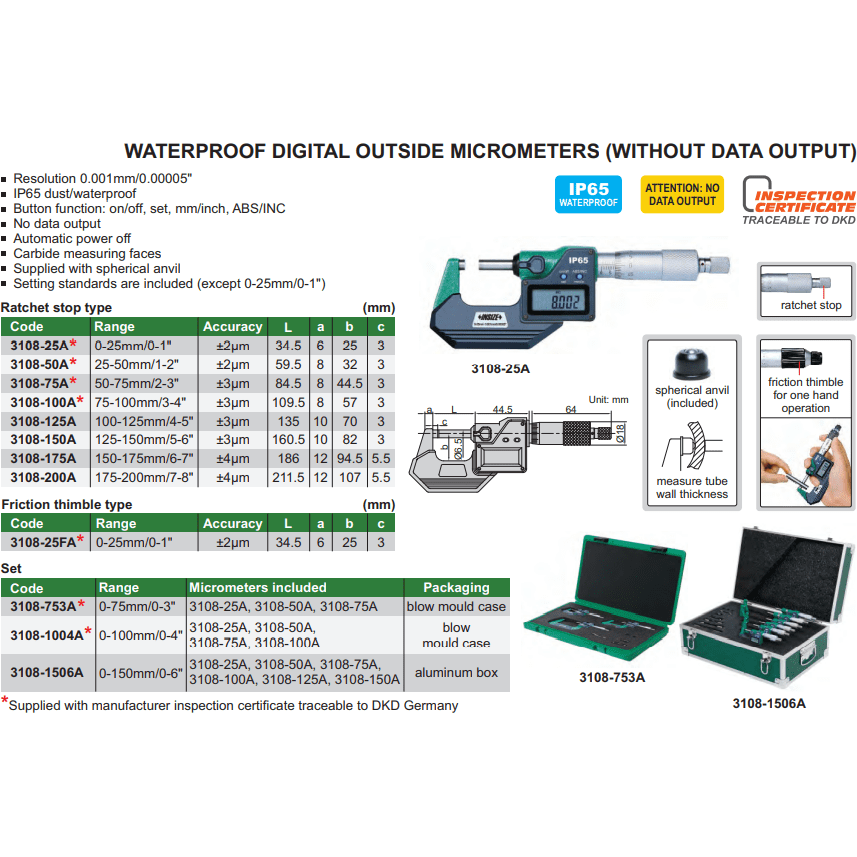 INSIZE Measuring Equipment Insize IP65 Digital Outside Micrometer 150-175MM / 6-7"Range Series 3108-175A