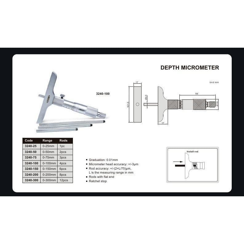 INSIZE Measuring Equipment Insize Metric Depth Micrometer 0-75mm Range Series 3240 - 75