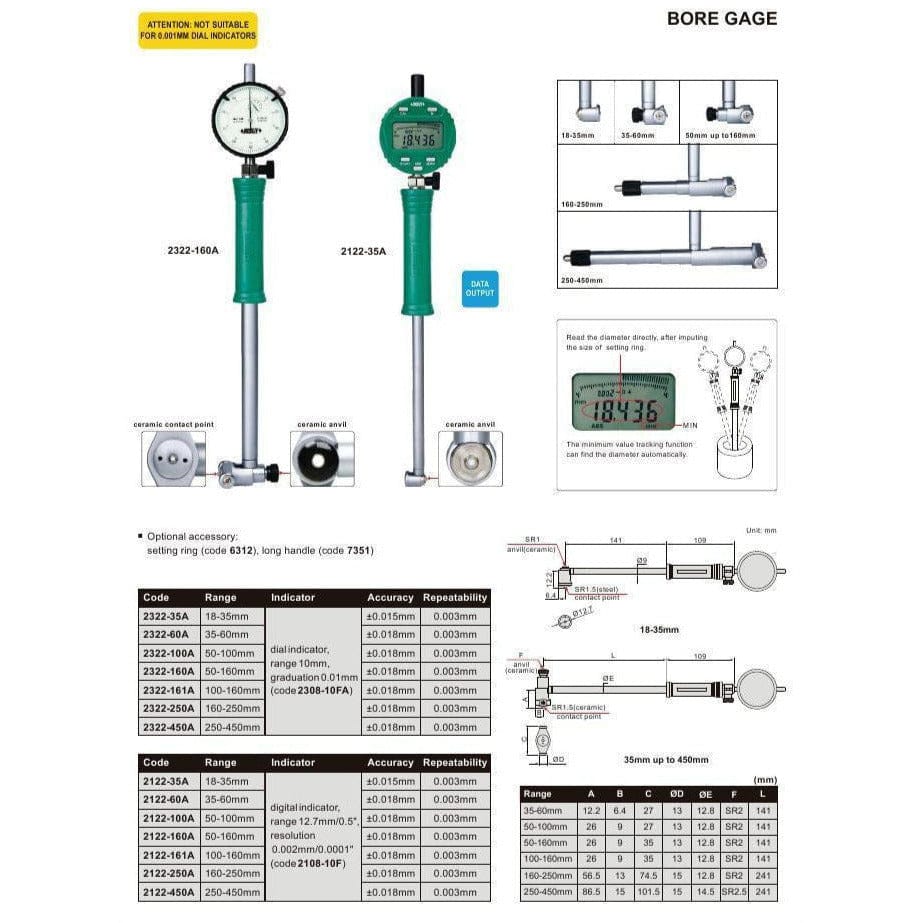 Insize Mechanical Bore Gauge 50-100 mm Range Series 2322-100A - Twin Eagle Imports