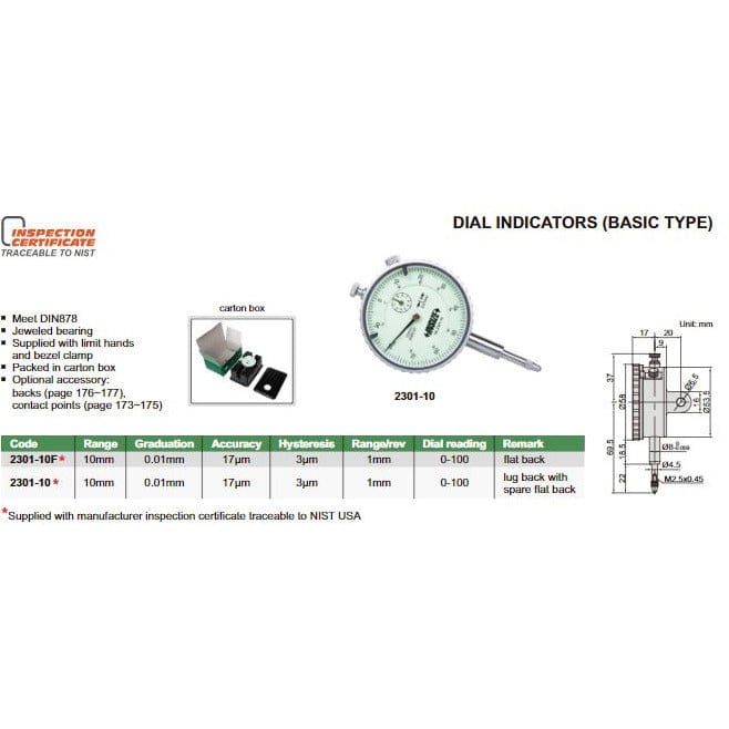 Insize Metric Lug Back Dial Indicator 10mm Range Series 2301-10 - Twin Eagle Imports