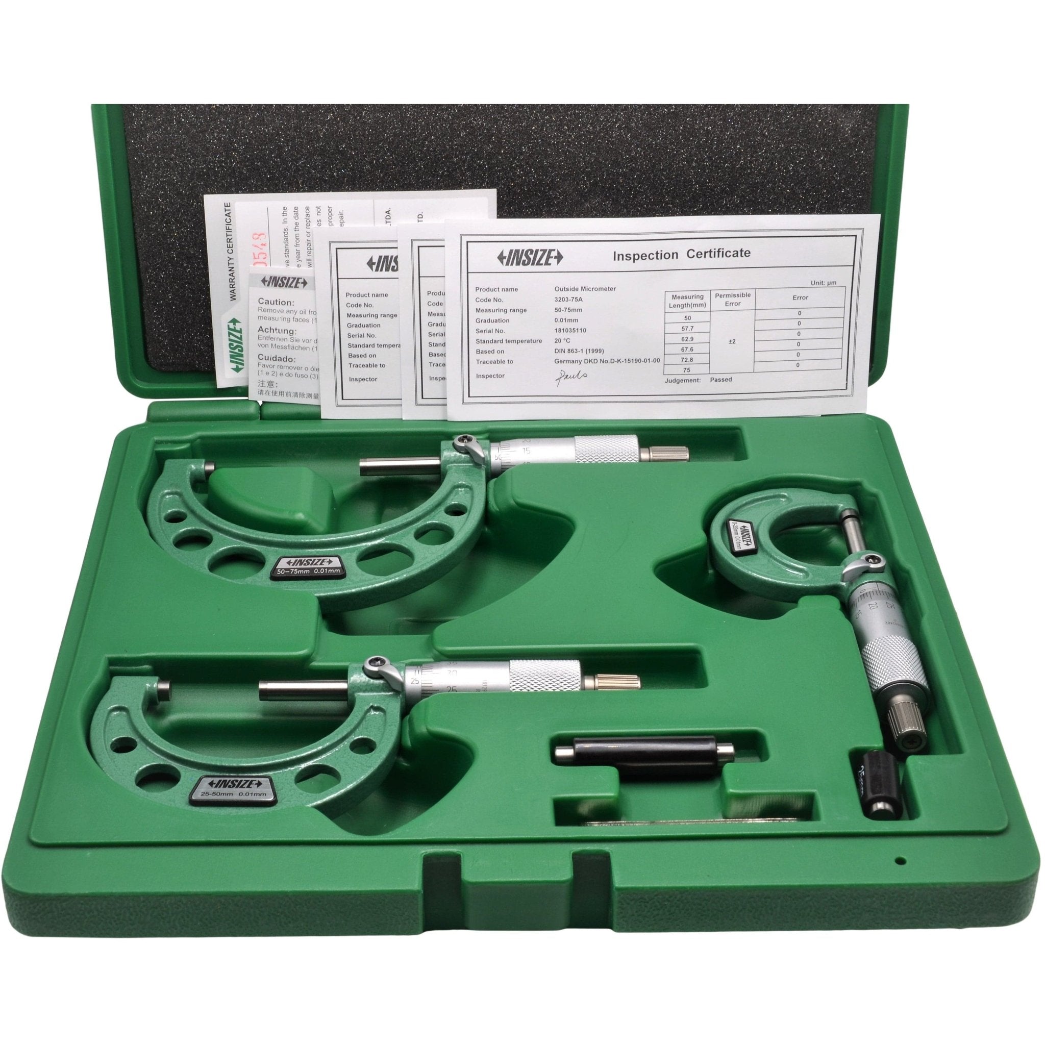 Insize Metric Outside Micrometer 3 Piece Set 0-75mm Range Series 3203-753A - Twin Eagle Imports